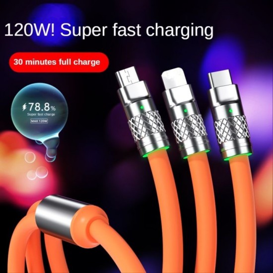 120W Fast Cable 3 in 1 USB Charging Cord Liquid Silicone Universal Cable